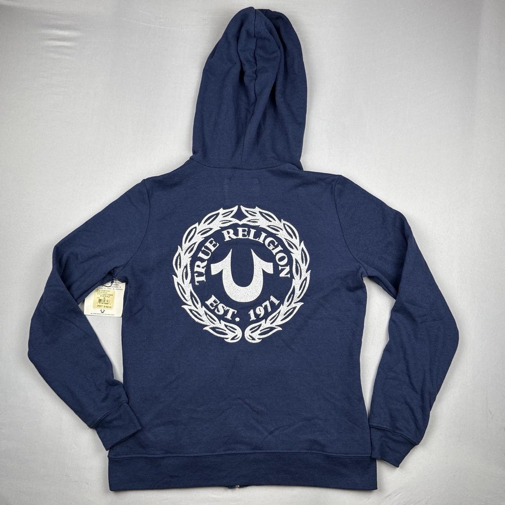 True Religion Zip Up Hoodie Blue Crystal Horseshoe Logo Y2K NWT XL